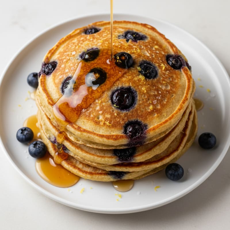 Blueberry Ricotta Pancakes with Maple Syrup