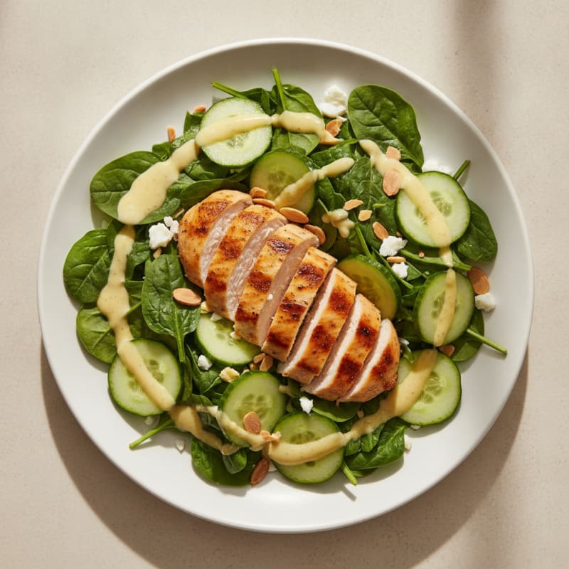 Grilled Chicken Spinach Salad with Cucumber and Almonds