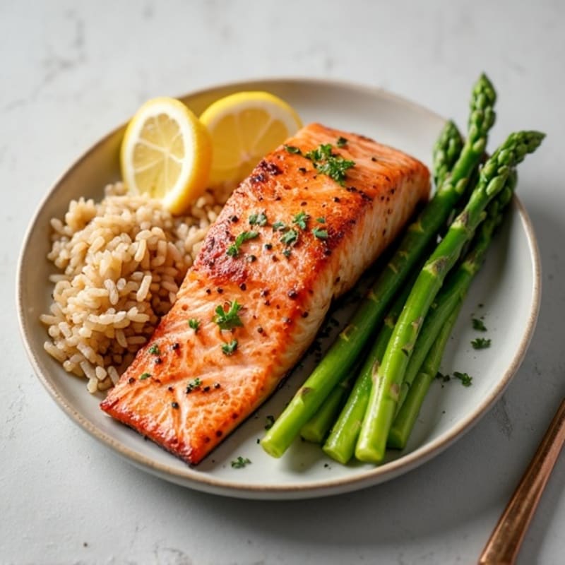 Seared Salmon Fillet with Steamed Asparagus and Brown Rice