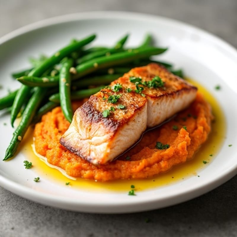 Seared Salmon Fillet with Garlic Green Beans and Sweet Potato Mash