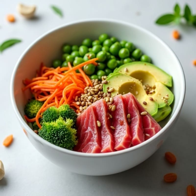 Fresh Tuna and Avocado Bowl with Sesame Ginger Vegetables
