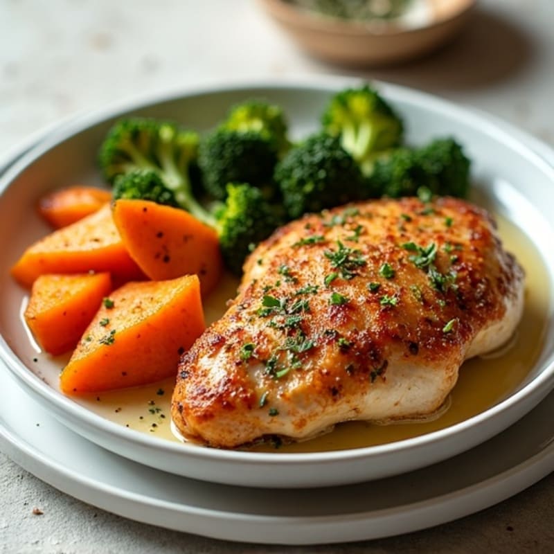 Crispy Herb-Roasted Chicken with Roasted Sweet Potatoes and Broccoli