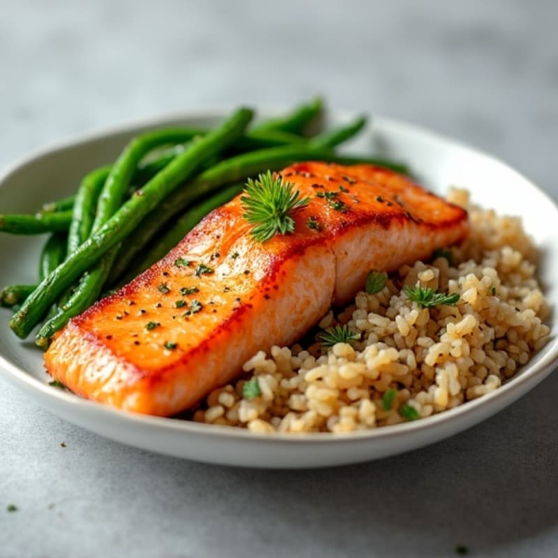 Seared Salmon with Garlic Green Beans and Brown Rice