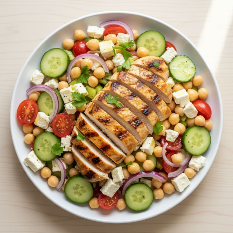 Mediterranean Chickpea and Feta Salad with Grilled Chicken