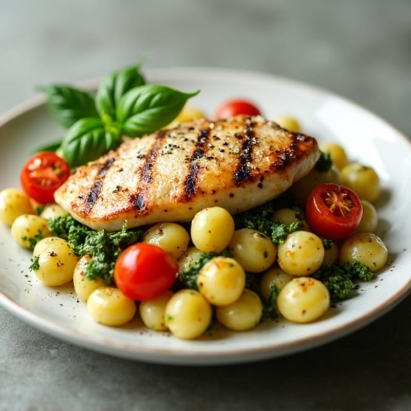 Fresh Basil Pesto Gnocchi with Pan-Seared Chicken and Roasted Cherry Tomatoes