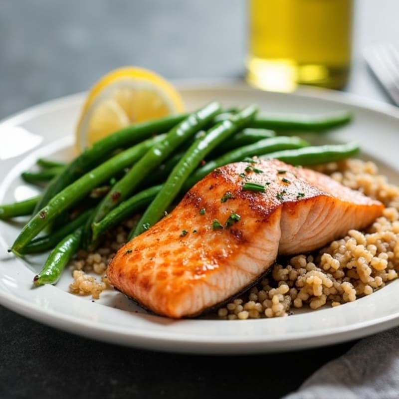 Seared Salmon with Garlic Green Beans and Brown Rice