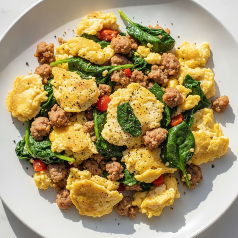 Scrambled Eggs with Turkey Sausage and Sautéed Spinach