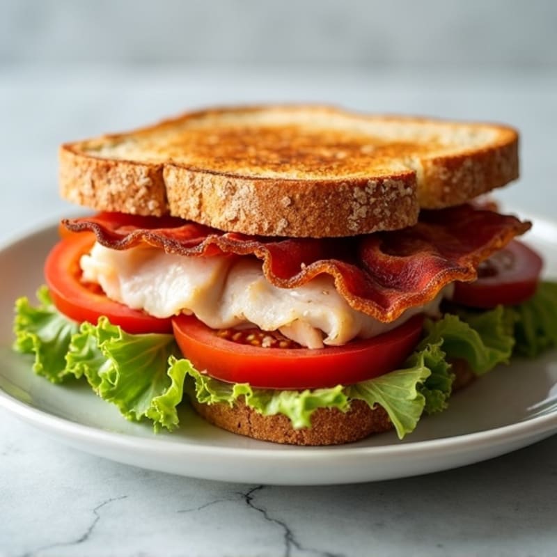 Roasted Turkey Breast Sandwich with Crispy Bacon, Fresh Tomato, and Lettuce on Whole Grain Toast