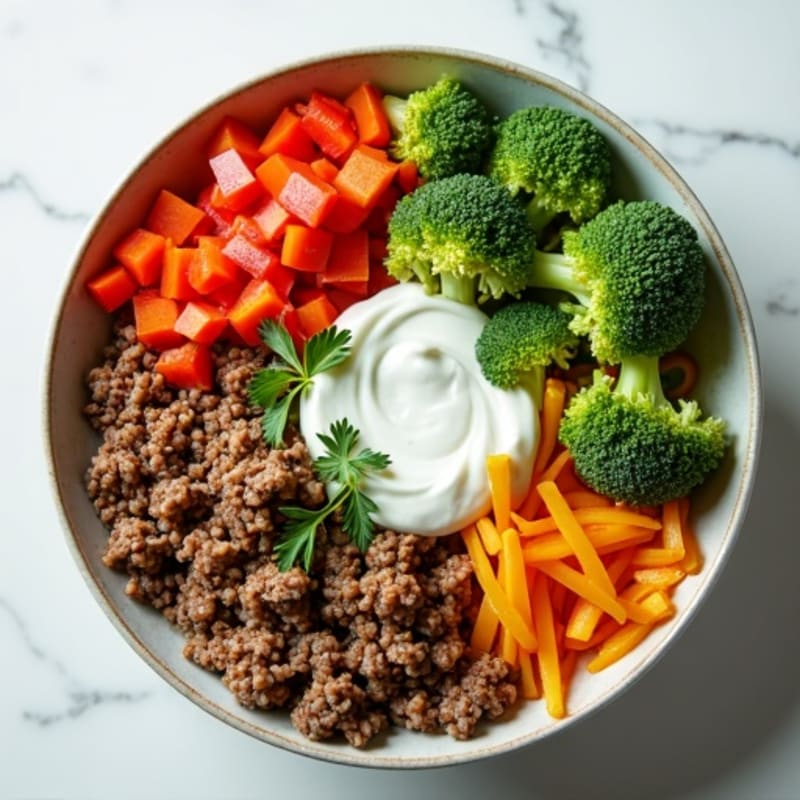 Lean Ground Beef and Crispy Veggie Bowl with Creamy Dill Dressing