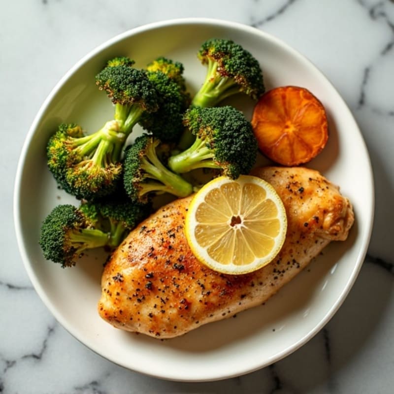 Lemon Garlic Pan-Seared Chicken with Crispy Roasted Broccoli and Sweet Potato
