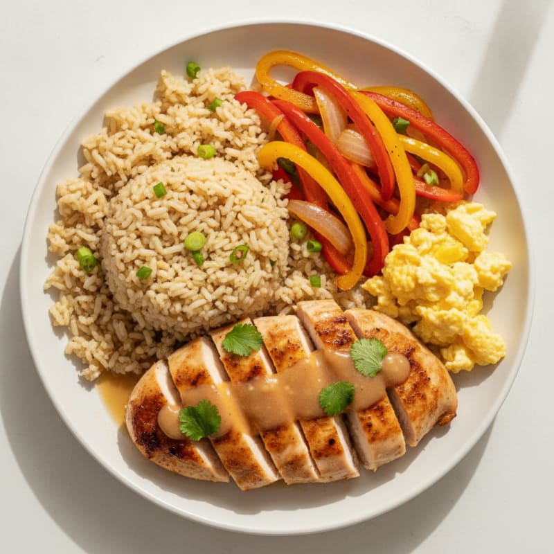 Seared Chicken Breast with Garlic Rice and Bell Peppers