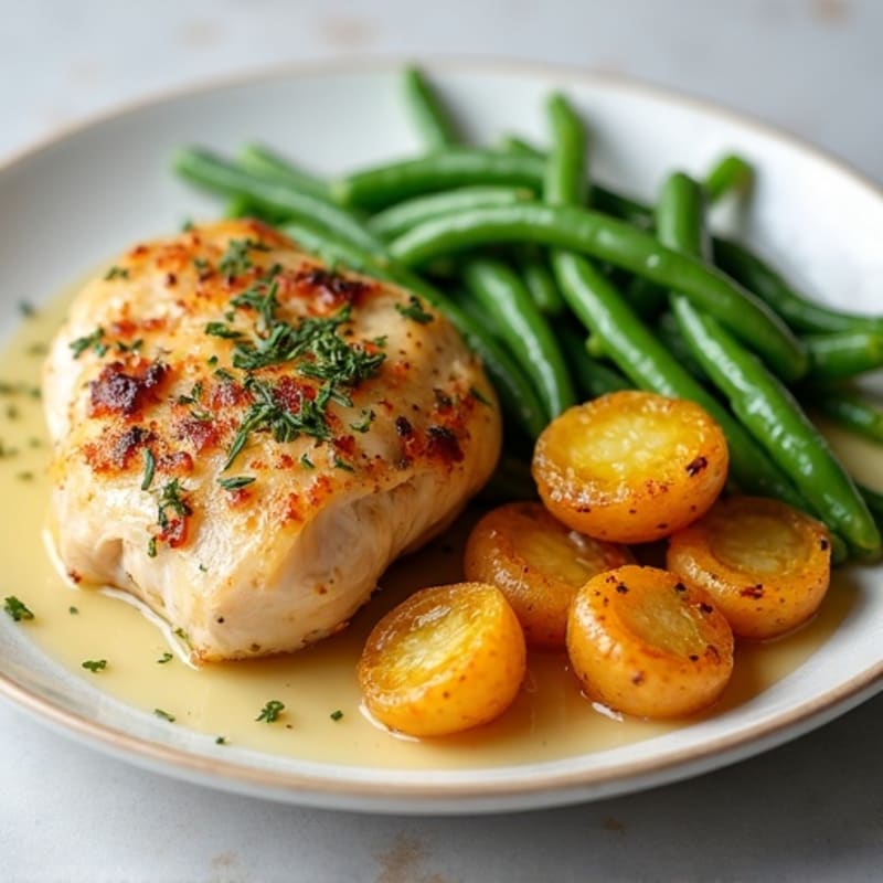 Herb-Roasted Chicken with Crispy Mini Yellow Potatoes and Green Beans