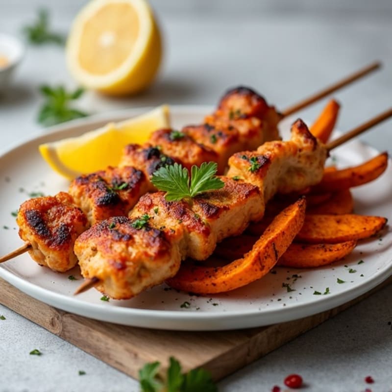 Spiced Chicken Skewers with Crispy Roasted Sweet Potato Fries