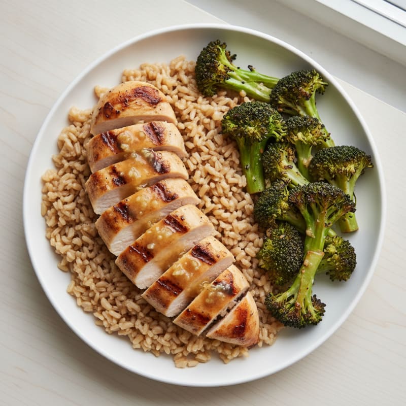 Grilled Chicken Breast with Brown Rice and Roasted Broccoli
