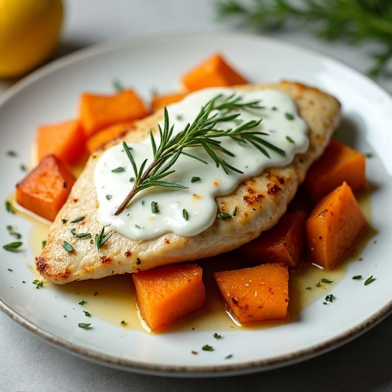 Creamy Lemon Herb Chicken with Roasted Sweet Potatoes