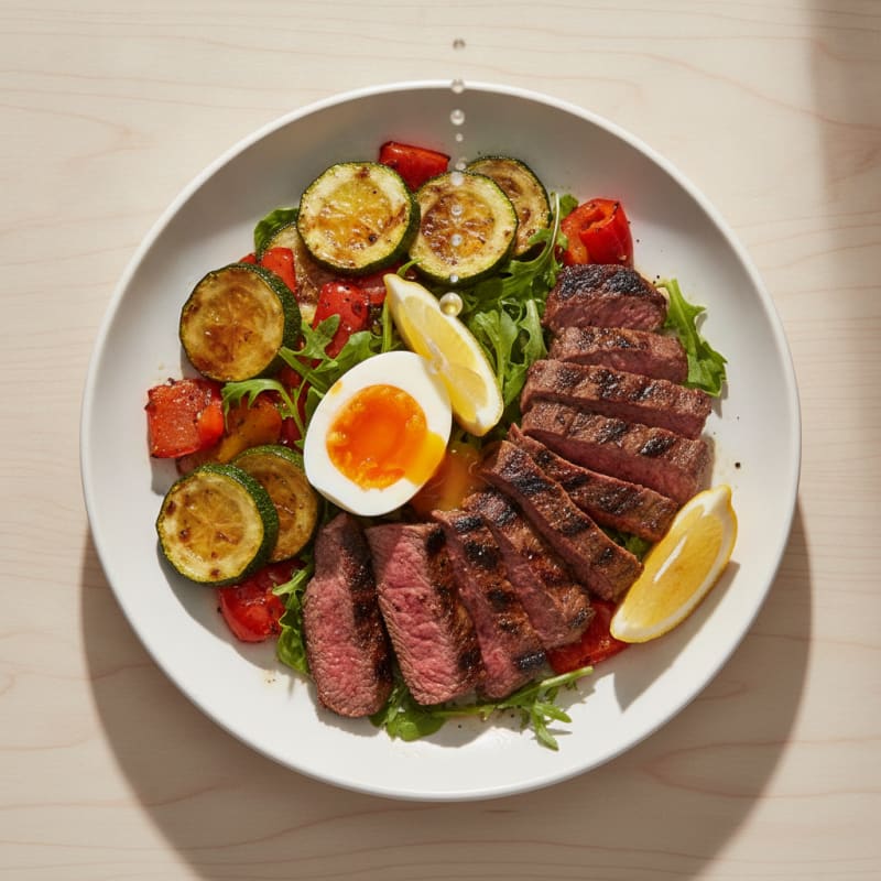 Grilled Beef Strips over Roasted Vegetable Salad