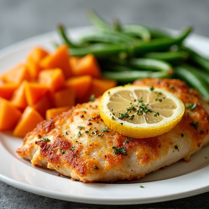 Crispy Lemon-Herb Chicken with Roasted Sweet Potatoes and Green Beans