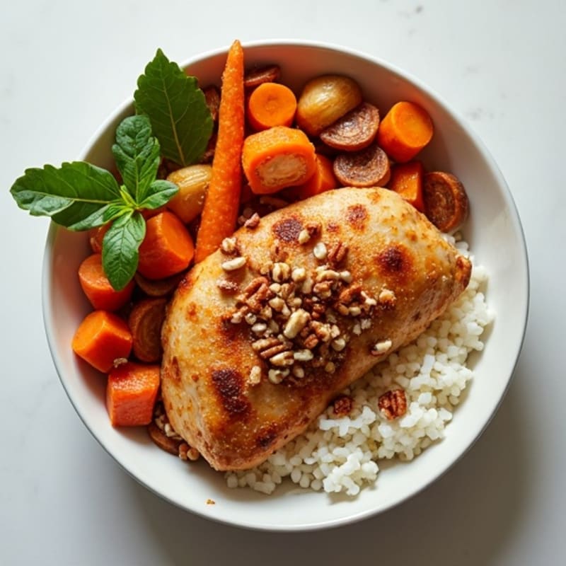 Crispy Chicken and Roasted Root Vegetable Bowl with Maple-Pecan Drizzle