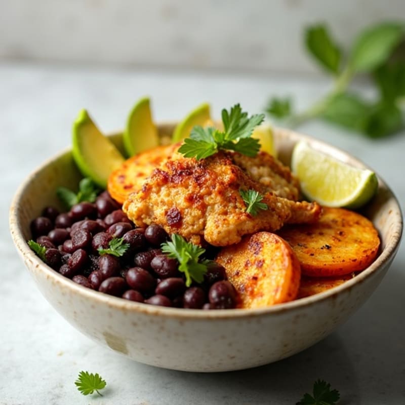 Crispy Roasted Plantain and Chicken Bowl with Zesty Black Beans