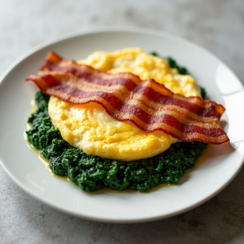 Crispy Turkey Bacon and Egg White Scramble with Sautéed Spinach
