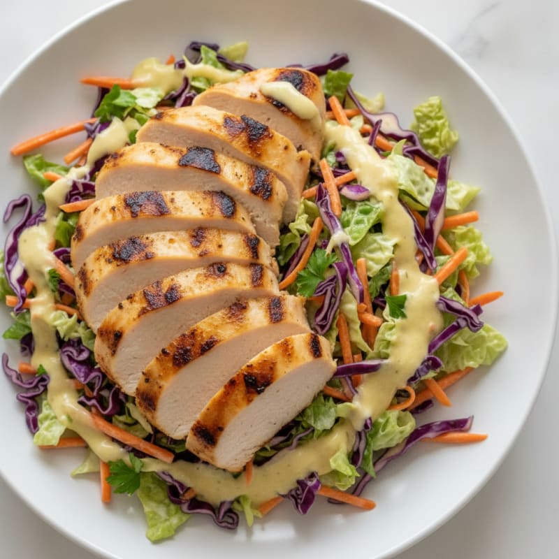 Grilled Chicken Breast with Crunchy Cabbage Slaw and Lemon Yogurt Dressing