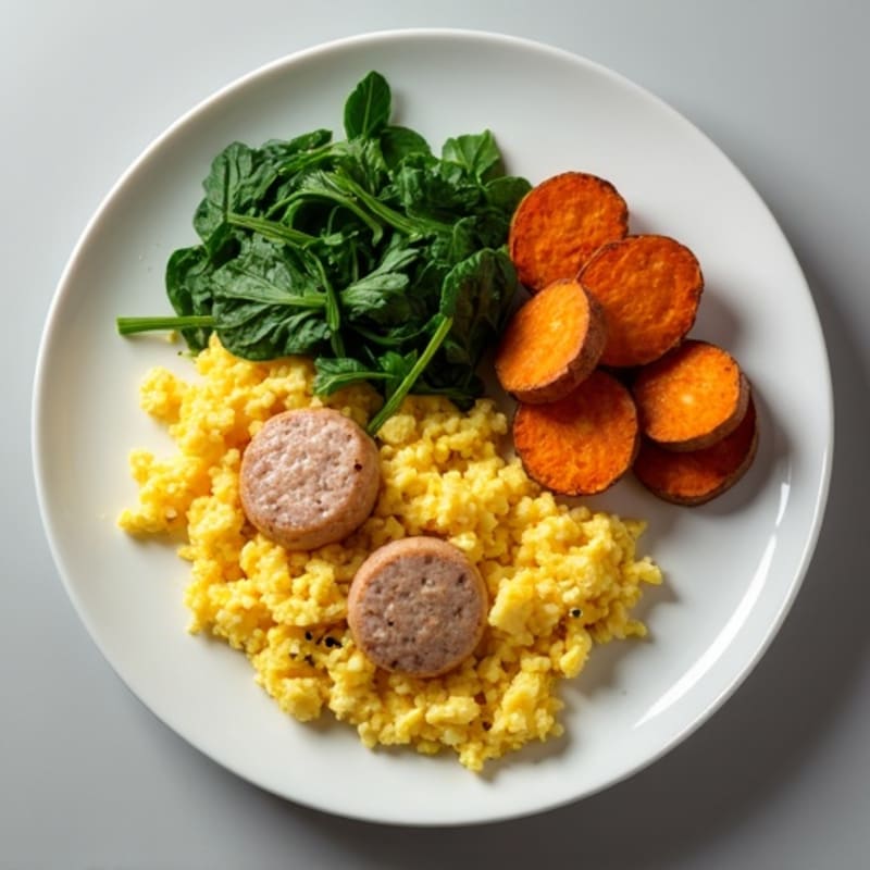 Egg White and Turkey Sausage Scramble with Spinach and Roasted Sweet Potato