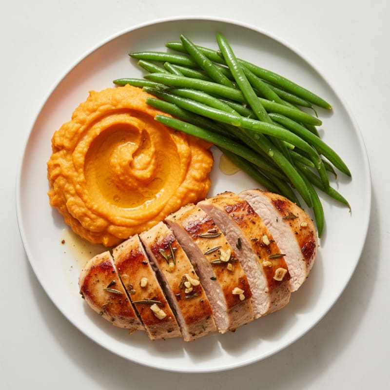Seared Herb-Marinated Turkey Breast with Steamed Green Beans and Sweet Potato Mash