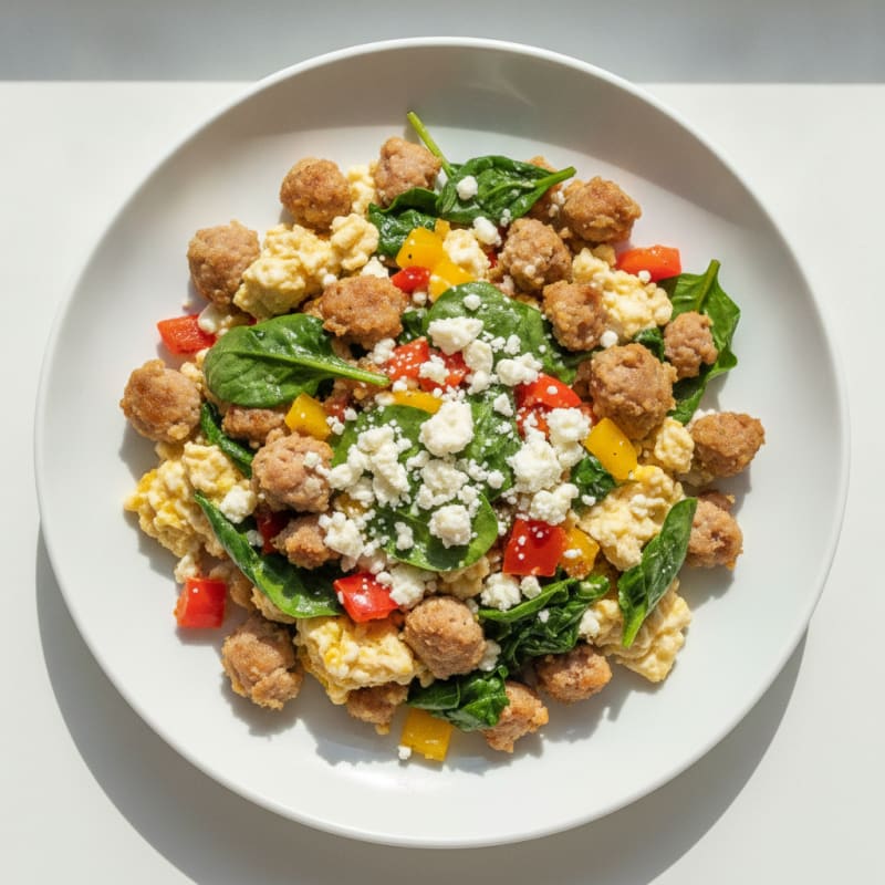 Egg White and Turkey Sausage Scramble with Spinach and Bell Peppers