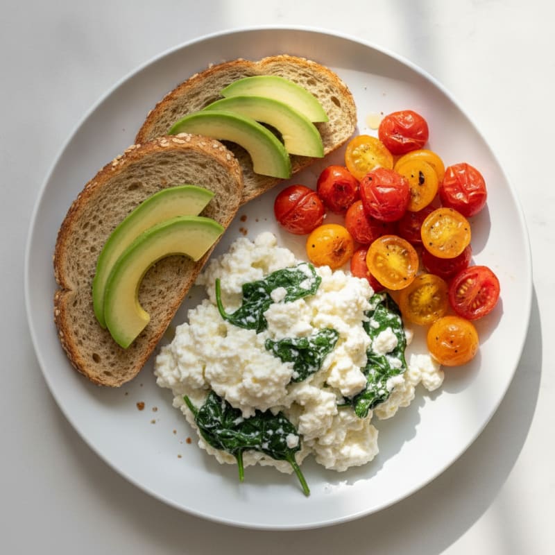 Egg White Spinach Scramble with Cottage Cheese and Cherry Tomatoes