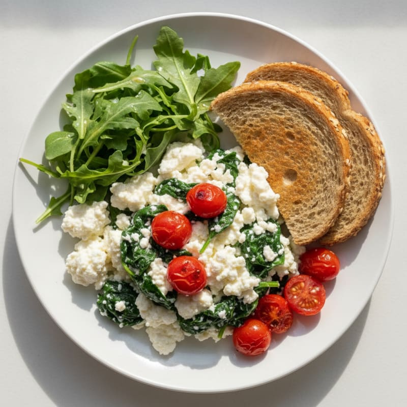 Cottage Cheese Egg White Scramble with Spinach and Cherry Tomatoes
