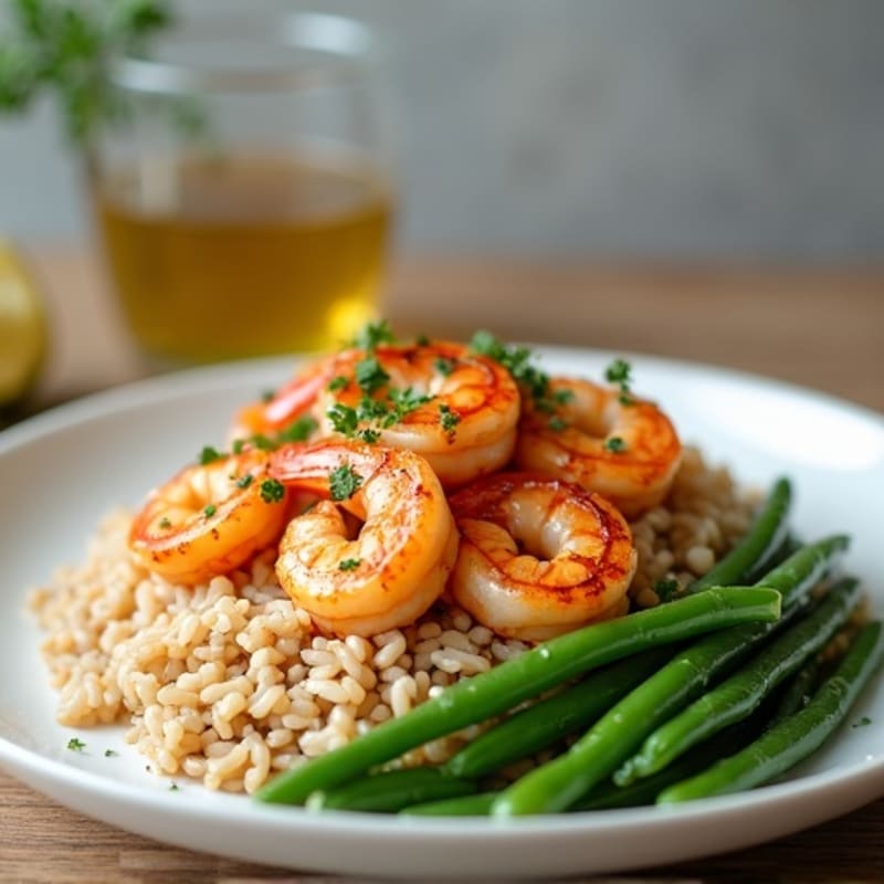 Pan-Seared Shrimp with Fluffy Brown Rice and Crispy Green Beans