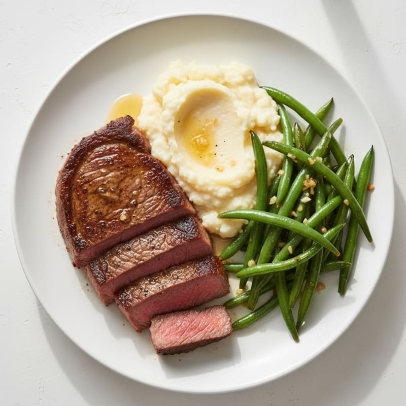 Seared Sirloin Steak with Garlic Green Beans and Mashed Cauliflower