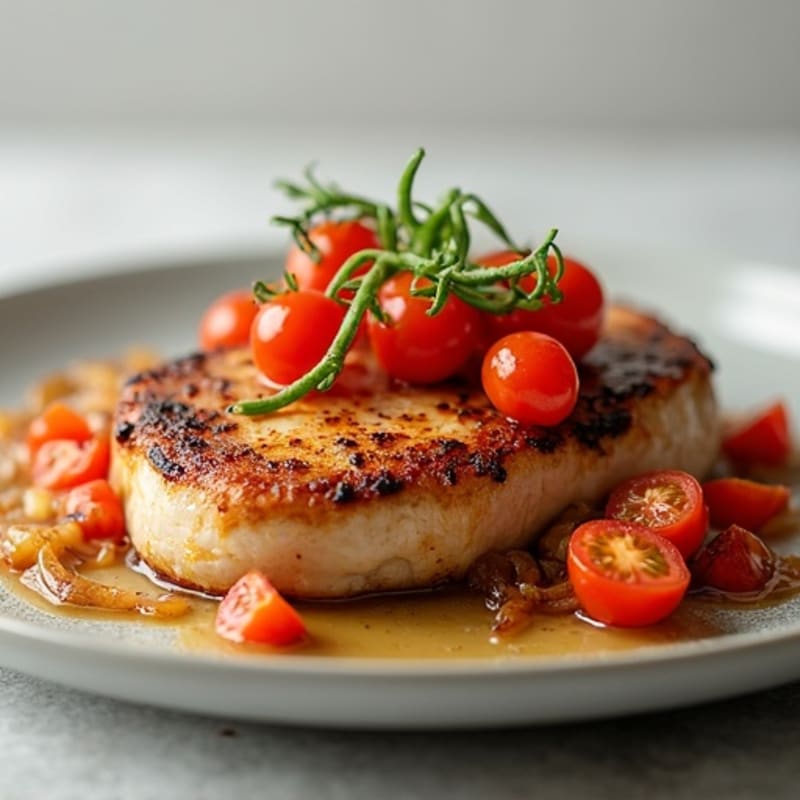 Pan-Seared Pork Chop with Roasted Cherry Tomatoes and Caramelized Onions
