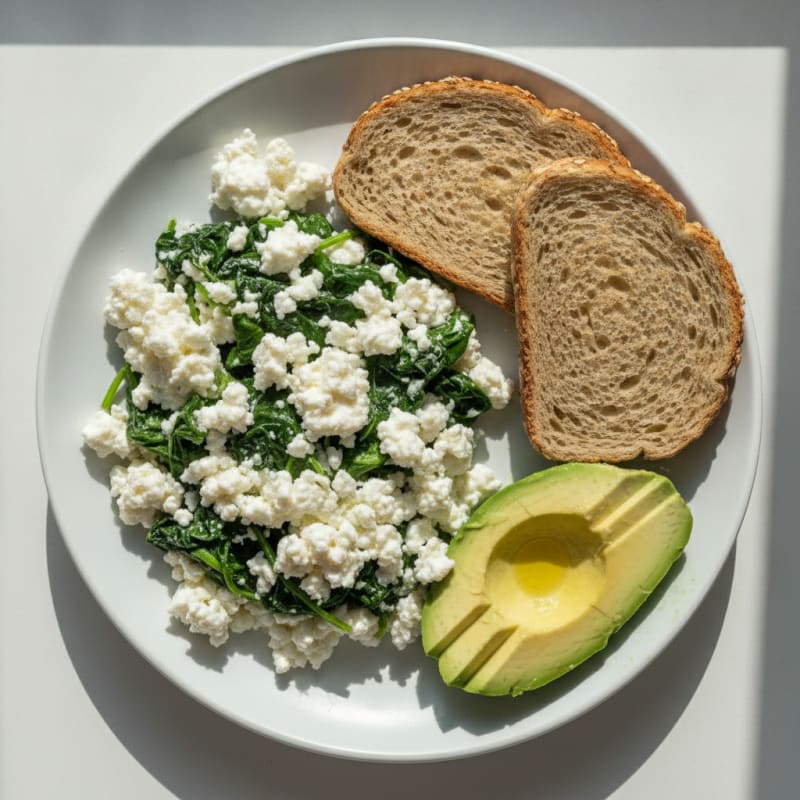 Scrambled Egg Whites with Cottage Cheese and Sautéed Spinach