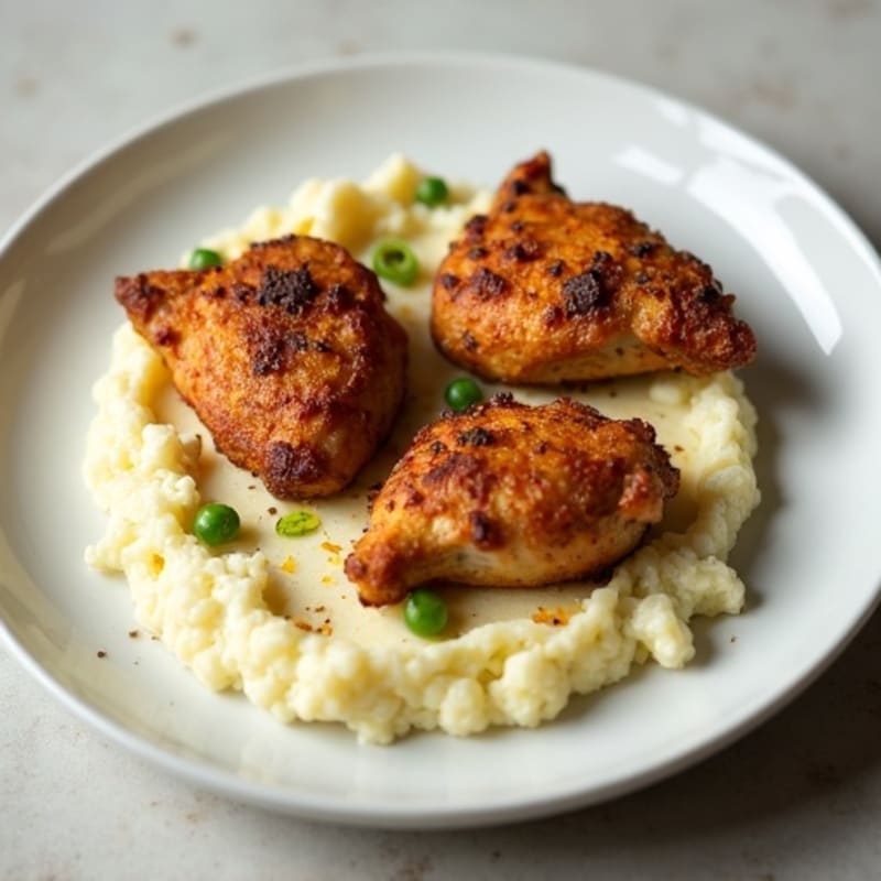 Crispy Pan-Seared Chicken Thighs with Garlic Cauliflower Mash
