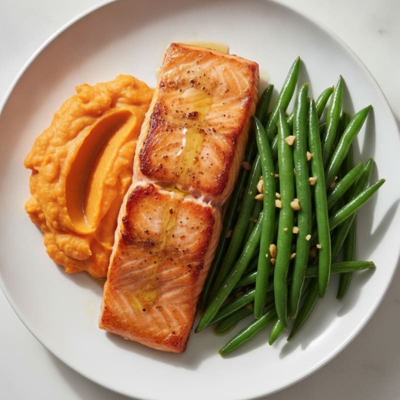 Seared Salmon Fillet with Garlic Green Beans and Sweet Potato Mash