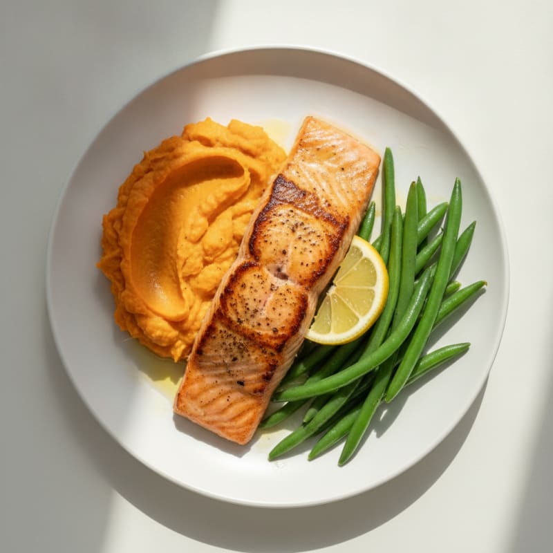 Seared Salmon with Steamed Green Beans and Mashed Sweet Potato