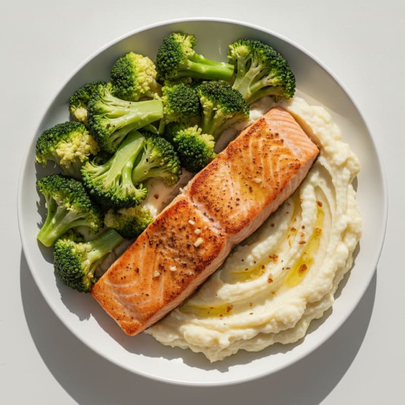 Seared Salmon with Steamed Broccoli and Garlic Mashed Cauliflower