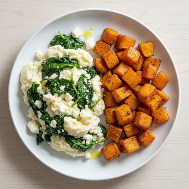 Egg White and Spinach Scramble with Feta and Roasted Sweet Potatoes