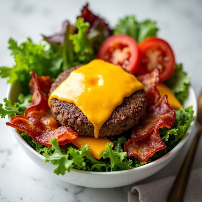 Lean Beef Burger Bowl with Crispy Turkey Bacon and Melted Cheddar