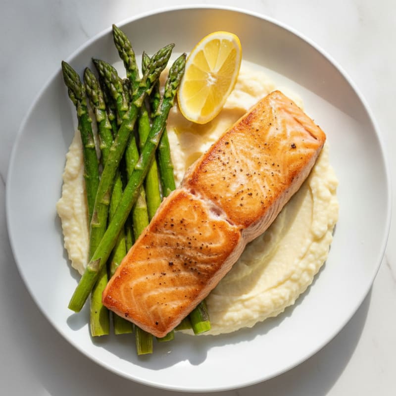 Seared Salmon with Roasted Asparagus and Cauliflower Mash
