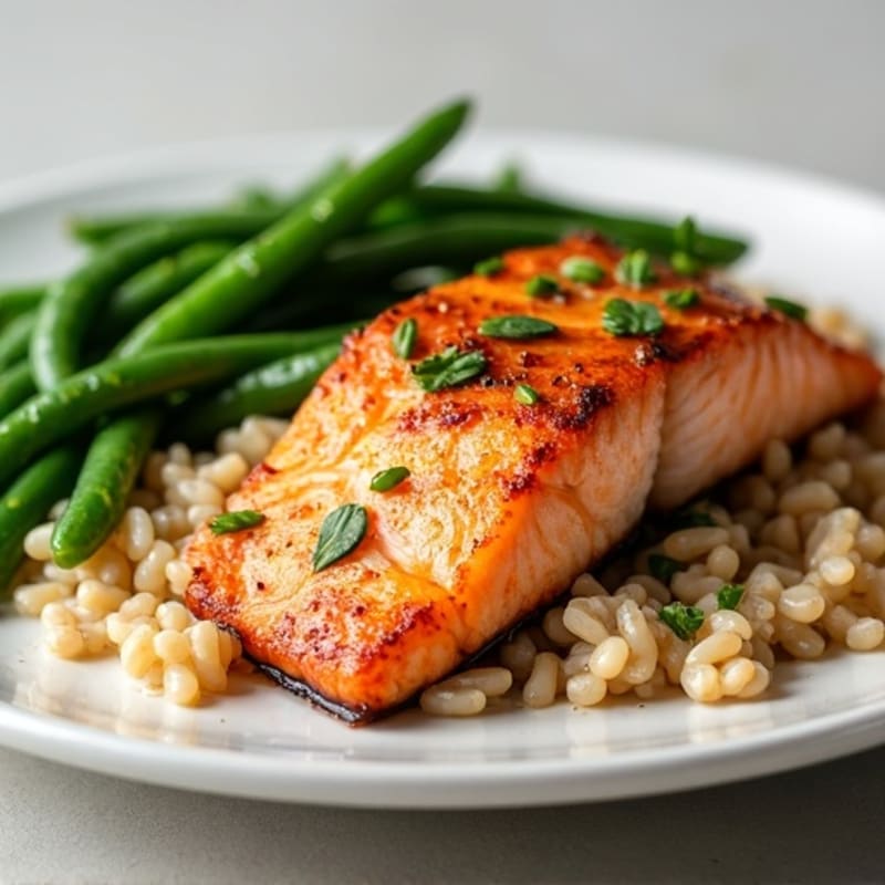 Seared Salmon with Garlic Green Beans and Brown Rice
