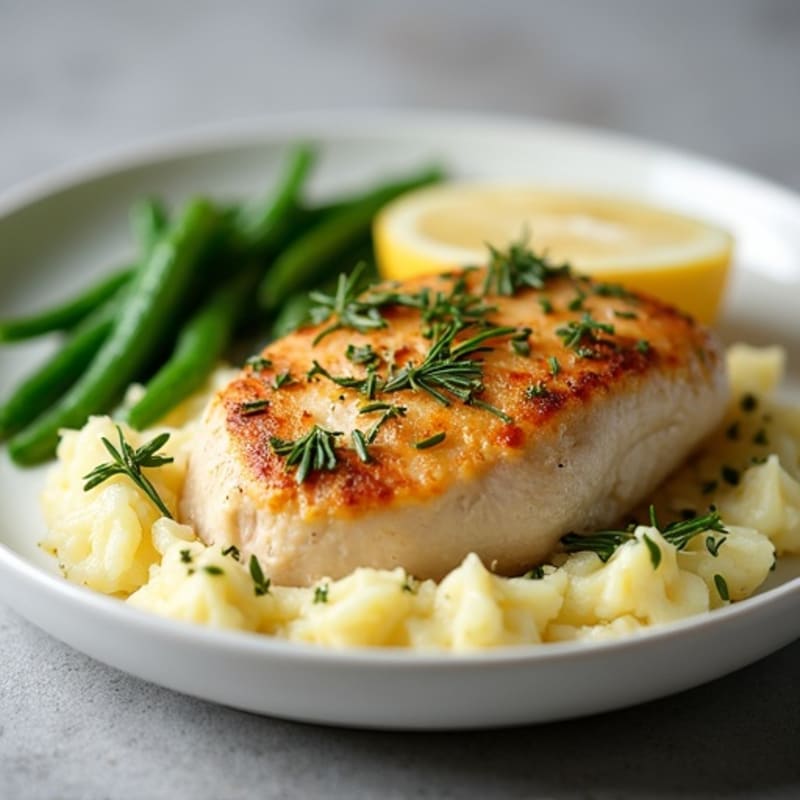 Herb-Roasted Chicken with Buttery Garlic Mashed Potatoes and Crispy Green Beans