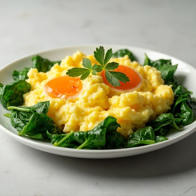 Fluffy Scrambled Eggs with Sautéed Spinach and Fresh Herbs