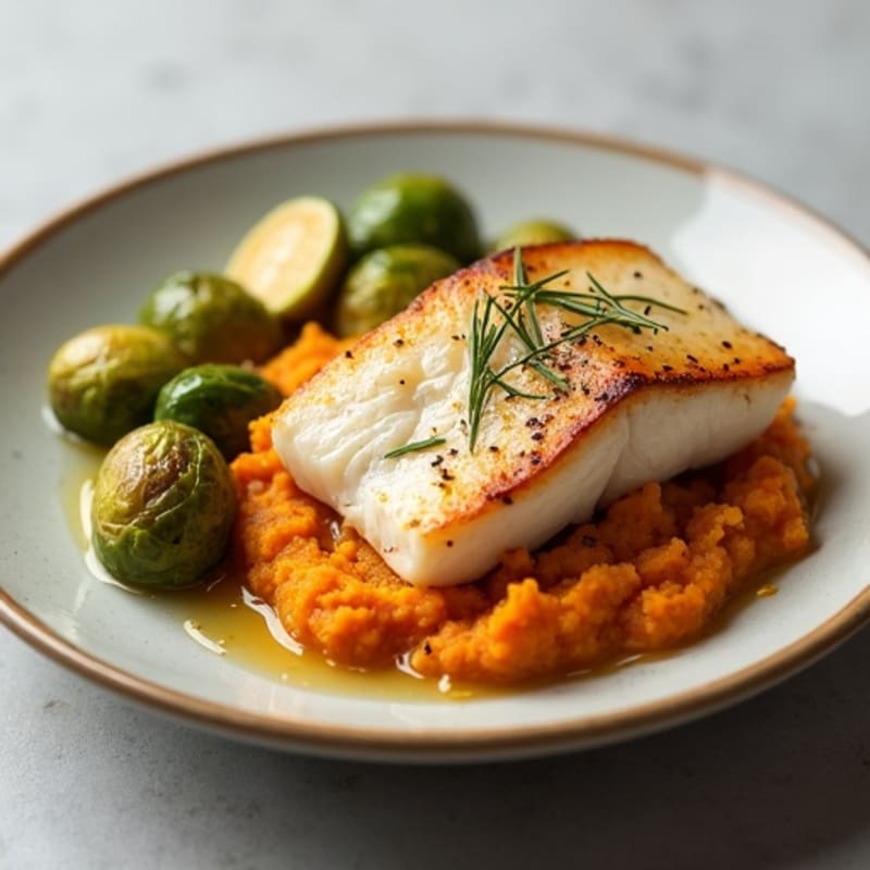 Pan-Seared Cod with Roasted Brussels Sprouts and Garlic-Ginger Sweet Potato Mash