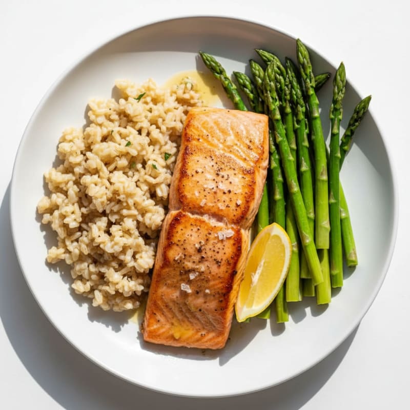 Seared Salmon with Steamed Asparagus and Brown Rice