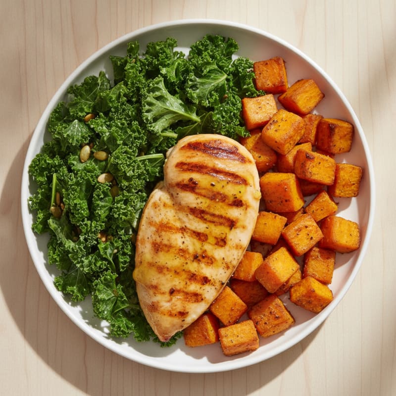 Grilled Chicken Breast with Roasted Sweet Potato and Crunchy Kale Salad