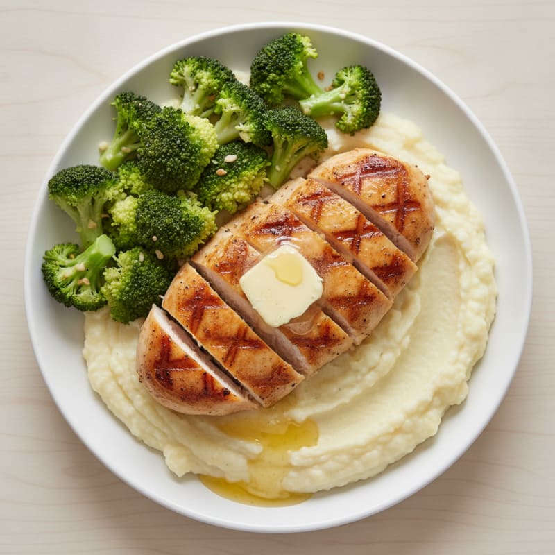 Seared Chicken Breast with Creamy Cauliflower Mash and Steamed Broccoli