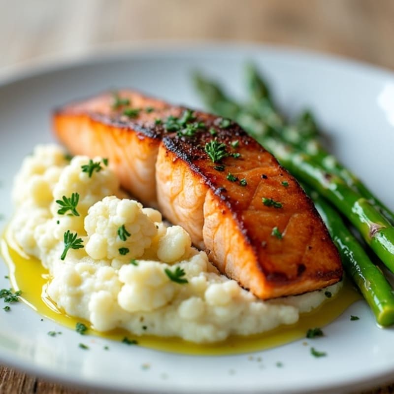 Seared Salmon with Steamed Asparagus and Cauliflower Mash