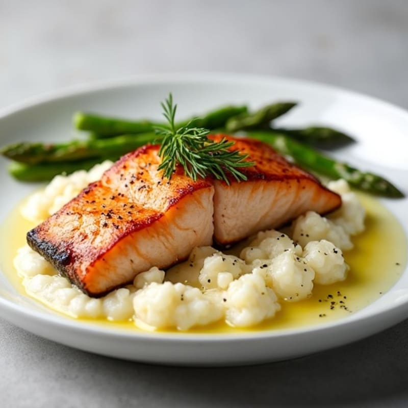 Seared Salmon with Steamed Asparagus and Cauliflower Mash